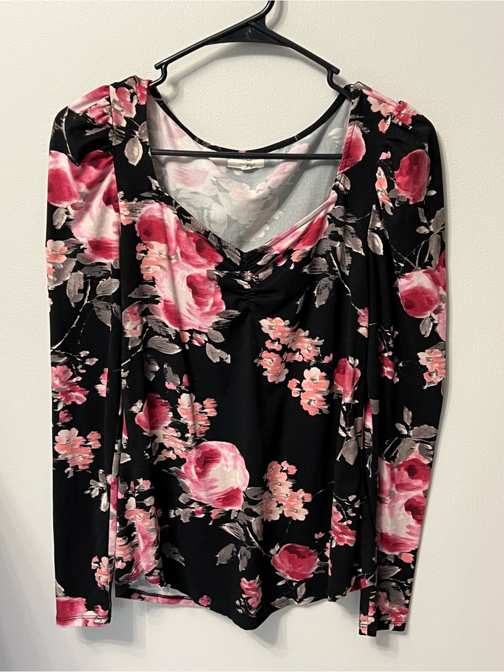 Maurices Floral V-Neck Long Sleeve Top - Black with Pink Roses